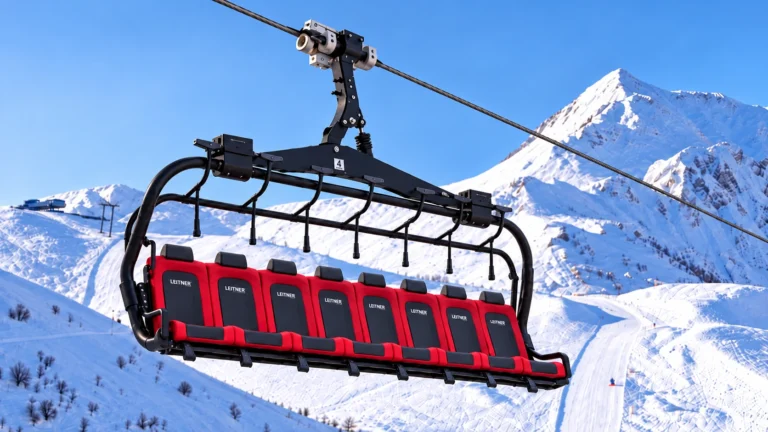 Seggiovia a otto posti con sedute rosse davanti alle montagne innevate